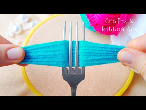 It's so Cute !! Superb Flower Craft Ideas with Fork- Hand Embroidery Amazing Trick- DIY Easy Flowers