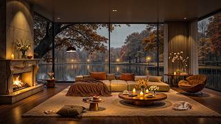 Lakeside Evening Jazz 🌙🍂 Warm Fireplace & Peaceful Autumn View | Relaxing Jazz for Reading & Focus