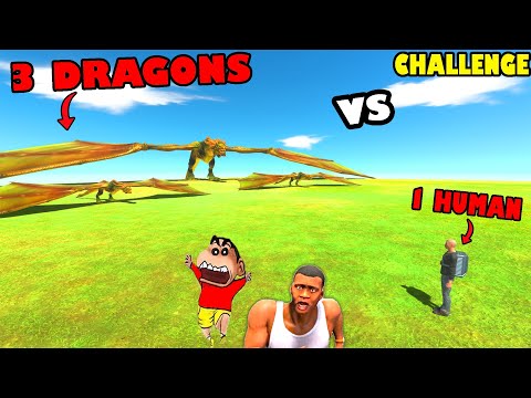 3 DRAGONS vs 1 HUMAN IMPOSSIBLE CHALLENGE in Animal Revolt Battle Simulator with SHINCHAN and CHOP