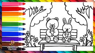 Desenhar e Colorir um Ursinho Fofo e um Coelhinho Fofo Comendo Sorvete 🐻🍦🐰🌈 Desenhos para Crianças