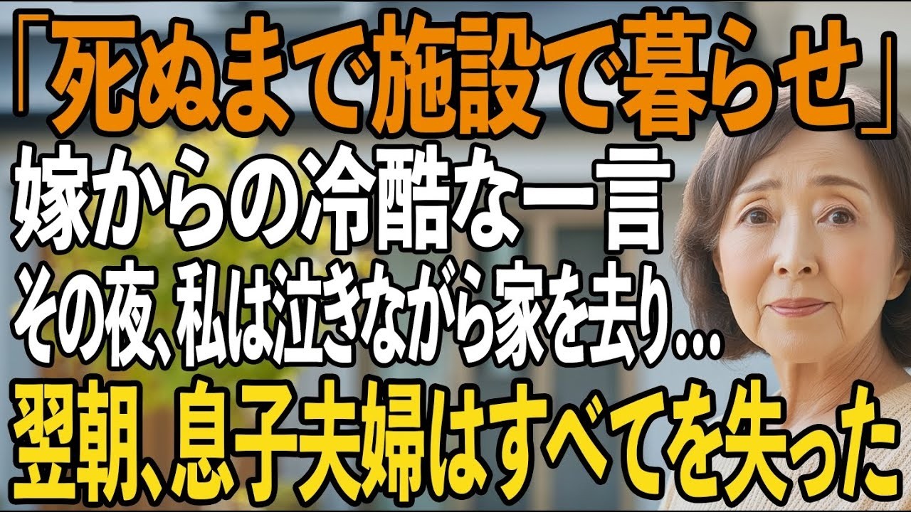 「死ぬまで施設で暮らして」残酷な一言を言い放つ嫁。その夜、私は泣きながら家を去り…翌朝、目覚めた家族は全てを失った【シニアライフ】【60代以上の方へ】