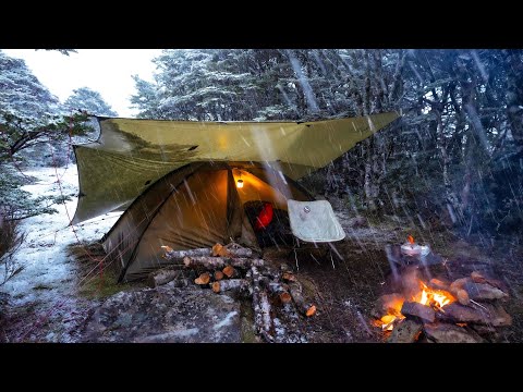 CAMPING in a SNOWSTORM - Forced to Shelter - Snow and Heavy Rain