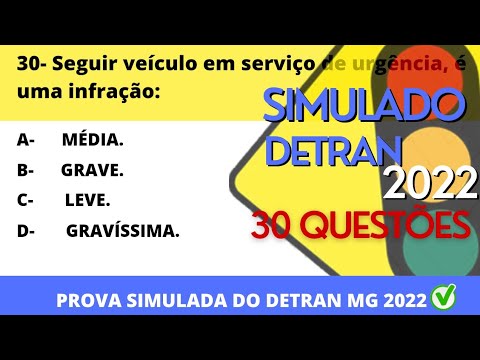 SIMULADO DETRAN 2022- PROVA SIMULADA DO DETRAN MG 2022 - 30 QUESTÕES DE PROVA DO DETRAN 2022
