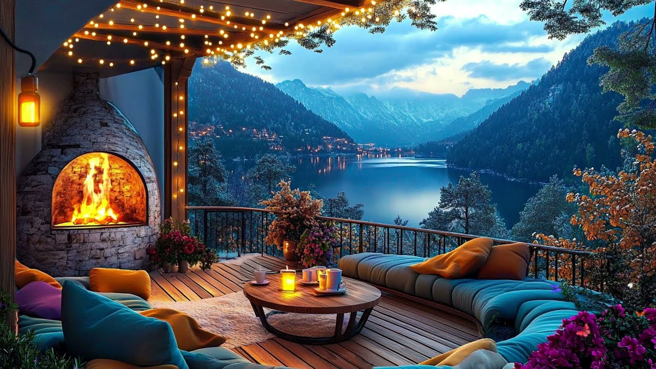 Fresh Mountain Terrace Spring Ambience 🌸 Smooth Jazz Music & Crackling Fireplace for Relaxation