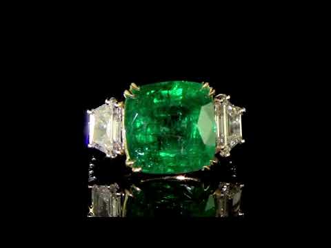 GRS Certified 10.68ct Cushion Cut Vivid Green Emerald and Diamond Ring
