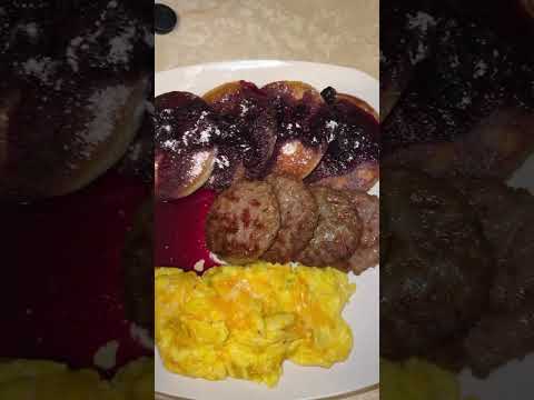Sunday breakfast  blueberry pancakes turkey sausages and cheese eggs