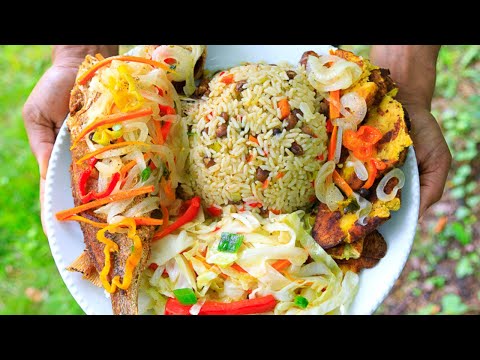 Escovitch Fish, Rice and Peas, Cabbage Stir Fry, Fry Plantain