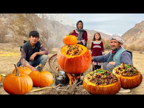 Cooking golden pumpkin is the most delicious authentic rural food in mountainous nature Afghanistan