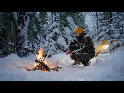 Solo Winter Tent Camping in Snowy Forest & ASMR & No Talking