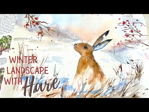 HARE in Snowy Landscape - 15 min atmospheric Watercolor - Easy Real-Time Full Tutorial