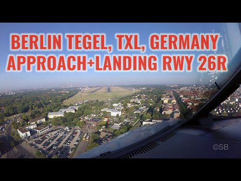 Berlin Tegel airport, TXL, Germany: Approach +  landing  runway 26R. Cockpit view Airbus A320. 4k.