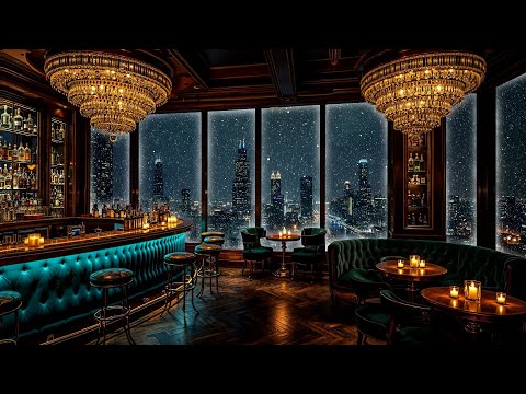 Late Night Jazz Lounge in Winter Bar Ambience ~ Sweet Saxophone Music & Snowfall on Window to Relax