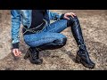 Denim Co Super Tight Jeans With Leg Chains And Hands Cuffed To Waist Chain And Over Knee Boots