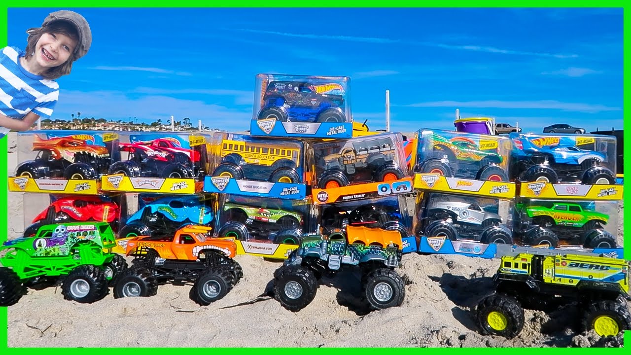 EPiC Monster Truck Arena at the Beach | Unboxing 13 New Toy Monster trucks