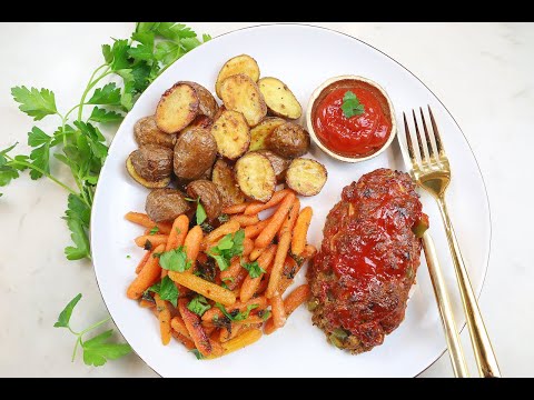 One Pan Mini Meatloaf with Herby Potato & Honey Glazed Carrots