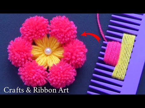 Super Easy Woolen Craft Ideas with Hair Comb - DIY Pom Pom Flower - Hand Embroidery Amazing Trick