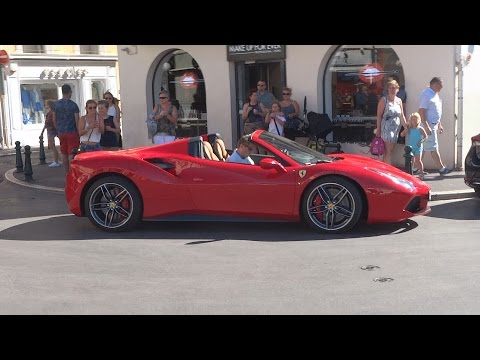 Red Ferrari 488 Spider Driving And Accelerating In St-Tropez !