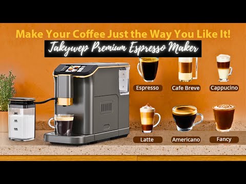 Takywep Super-Automatic Espresso Machine, 20 Bar Coffee Maker with Built-In Grinder & Milk Frother, 1.5L Water Tank, 5 Coffee Options, Touch Display, Black video review thumbnail