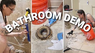 DIY FULL BATHROOM REMODEL: DEMO DAY | HOW TO REMOVE BATHROOM TILE, SINK VANITY, & WALL FIXTURES