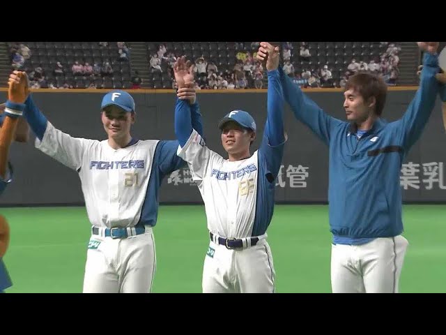 Hero interview with The Fighters players Kotaro Kiyomiya, Kenta Uehara, pitcher Yuki Umebayashi Hokkaido Nippon-Ham Fighters vs. Fukuoka Softbank Hawks on August 3rd