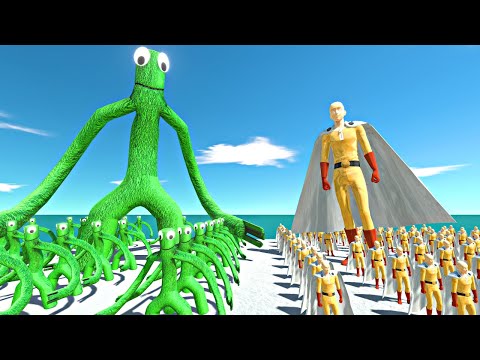 Rainbow Friends Team Green Team vs Saitama Team - Animal Revolt Battle Simulator