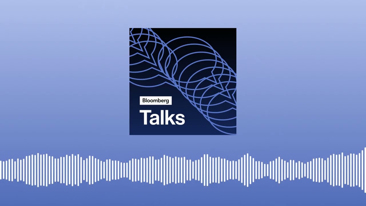 Chris Miller discussing AI chip export controls on a Bloomberg Podcast, with a graphic representing semiconductors and global connections.