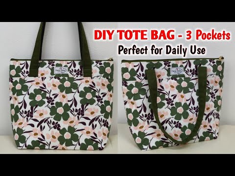 DIY Perfect Tote Bag for Daily Use (with 3 Pockets) - How to make zipper tote bag at home | Handbags