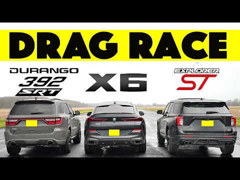 Ford Explorer ST Races BMW X6 and Dodge Durango SRT 392, things get wet. Drag and Roll Race.