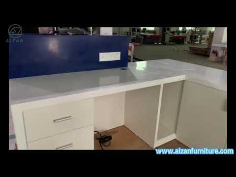 Blue and White Solid Surface L shape Reception desk for office, custon LOGO