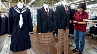 Process of mass-producing school uniforms. A Japanese uniform factory with a history of 170 years