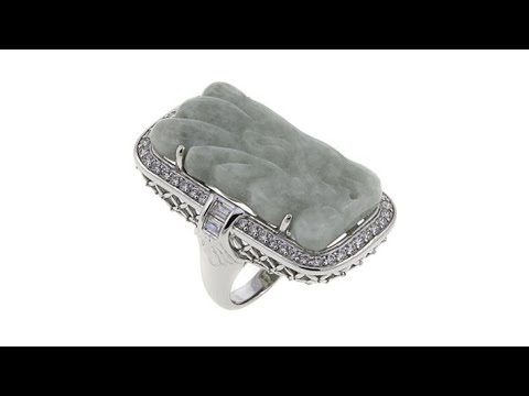 Jade of Yesteryear Carved Jade and CZ Sterling Silver Re...