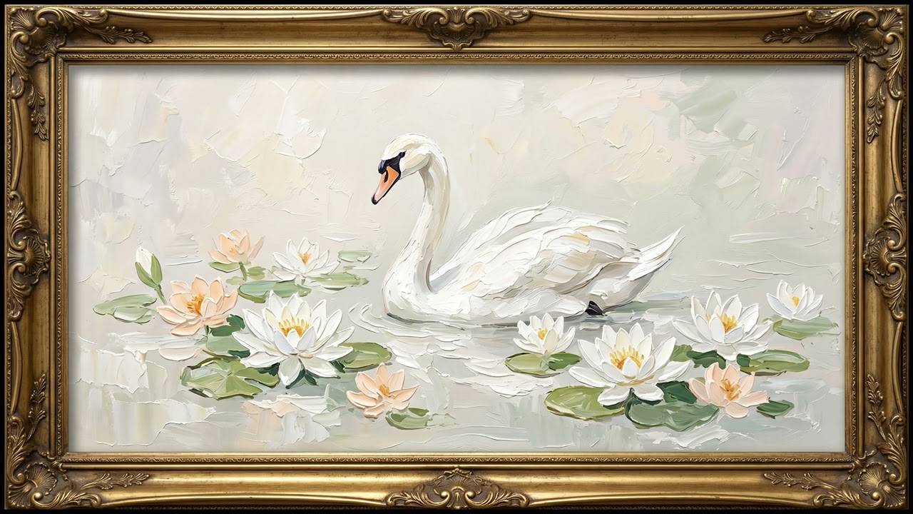 Modern White Swan & Lilies - Impasto Oil Painting | 1 Hour 4K Framed Art Screensaver for TV