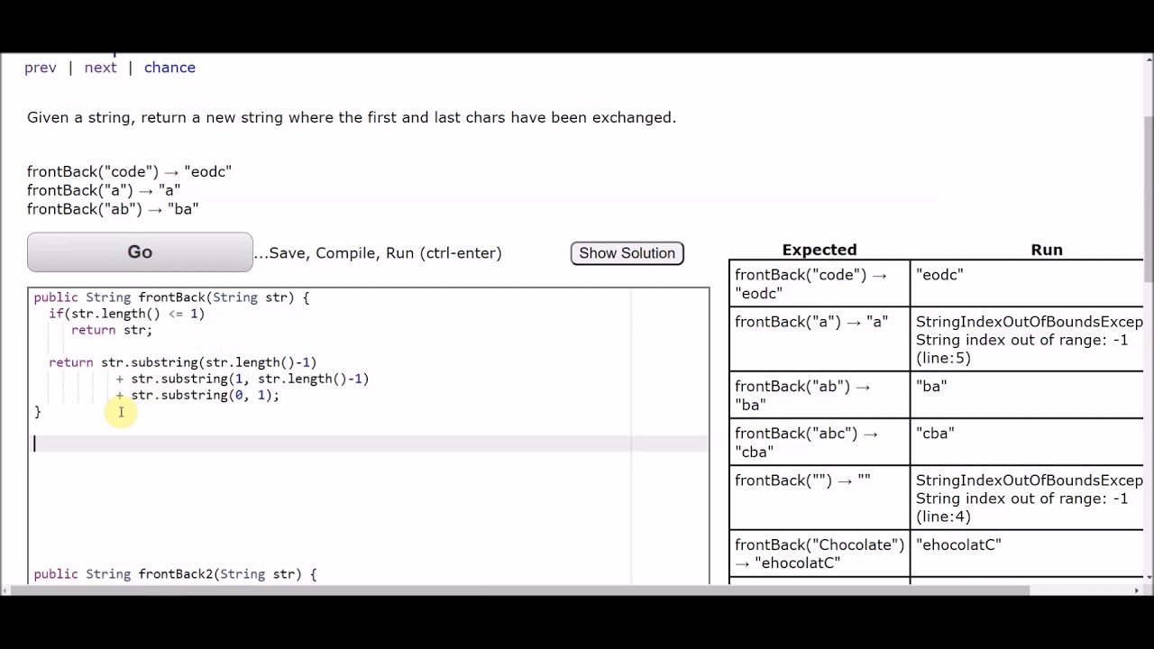 CodingBat WarmUp1 frontBack
