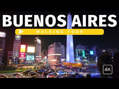 Buenos Aires at Night | 4K Walking Tour with Captions | Argentina
