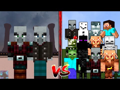 Vindicator + Pillager vs every mob, all mobs, Herobrine | Minecraft PE Mob Battle