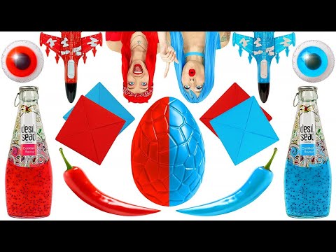 RED VS. BLUE FOOD || Surprise Eggs! Eat Single-Color Food for 24 Hours with 123 GO! FOOD
