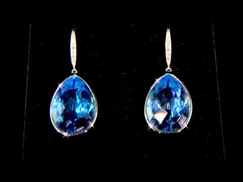 14k White Gold Blue Topaz and Diamond Dangling Earrings