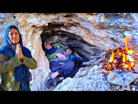 A single mother and a displaced family: shelter in a snow cave among wild animals