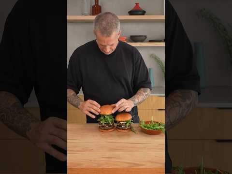 Few & Far Wagyu burger with caramelised onions, blue cheese and rocket