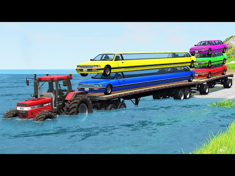Flatbed Trailer Tractor Truck Massive Potholes Speed Bumps Car Rescue - Long Cars vs Deep Water #72