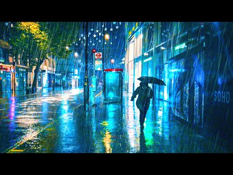 London 4am Torrential Rain Walk in Soho & West End, Late Night City Ambience