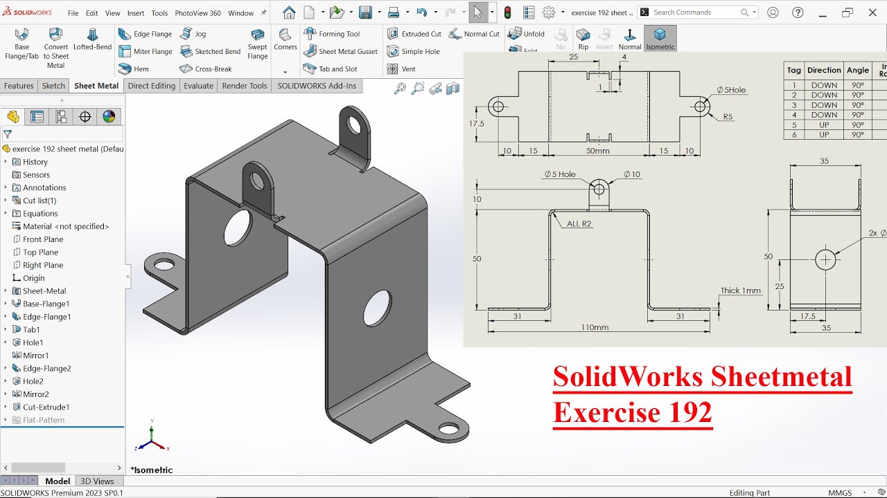Solidworks Sheetmetal Exercise 192 Base Flange/Tab and Edge Flange