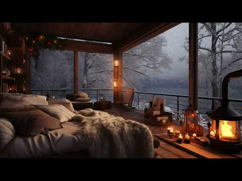 Cozy Place | Cozy Winter Terrace Porch Ambience | Crackling Fire | Blizzard Sounds For Sleeping...