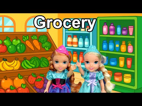 Grocery store!  Elsa & Anna toddlers are shopping - Barbie dolls