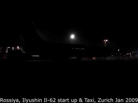 Rossiya Ilyushin Il-62 night start, and taxi at Zurich Airport, aviation spotting