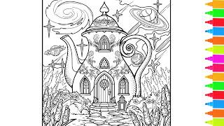 Coloring Kettle House, Lighthouse And Butterfly, Apple World | Fantasy Coloring Pages