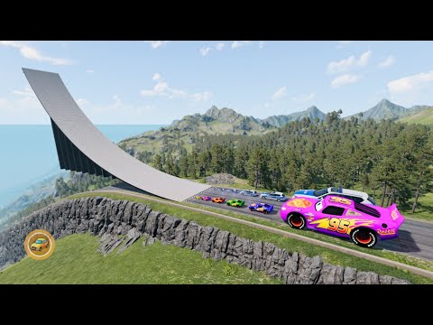 Big & Small Lightning McQueen & Police Car Vs Mega Ramp Downhill Race - BeamNG.drive