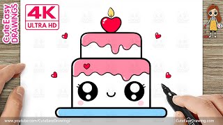 How to Draw a Cute Birthday Cake | Easy Drawing and Coloring for Kids @CuteEasyDrawings