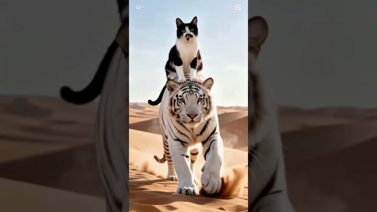 ホワイトタイガーに乗った猫 #cat #ねこのいる生活 #AI動画