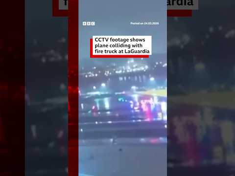 CCTV footage shows plane colliding with fire truck at LaGuardia airport. #US #BBCNews